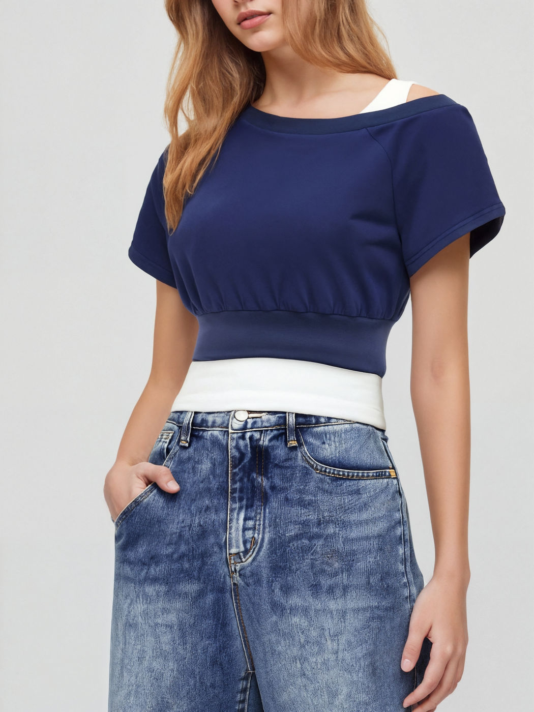 Two Pieces Jersey Asymmetrical Neck Tee With Ruched Tank Top