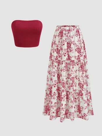Solid Crop Tube Top & Mid Rise Floral Ruffle Tiered Maxi Skirt Set