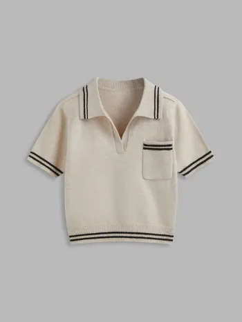 Knit Collar Stripe Short Sleeve Top
