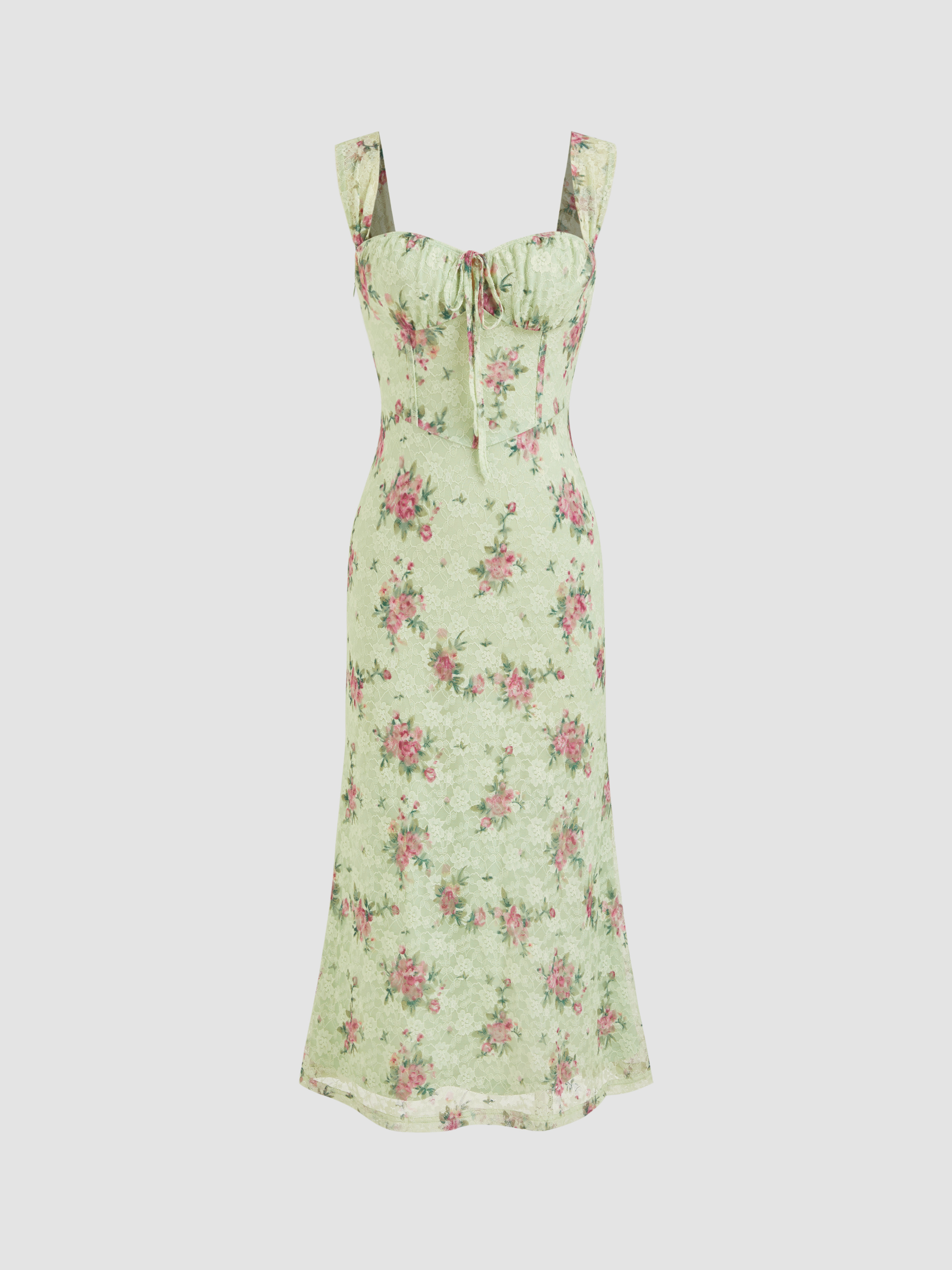 Lace Lace Floral Knotted Ruffle Midi Dress For Daily Casual