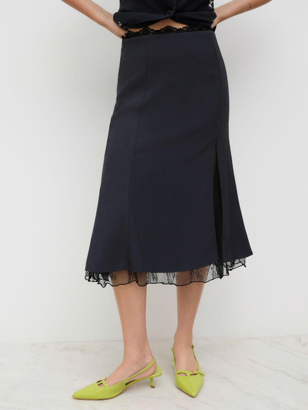 Lace Mid Rise Floral Split Midi Skirt