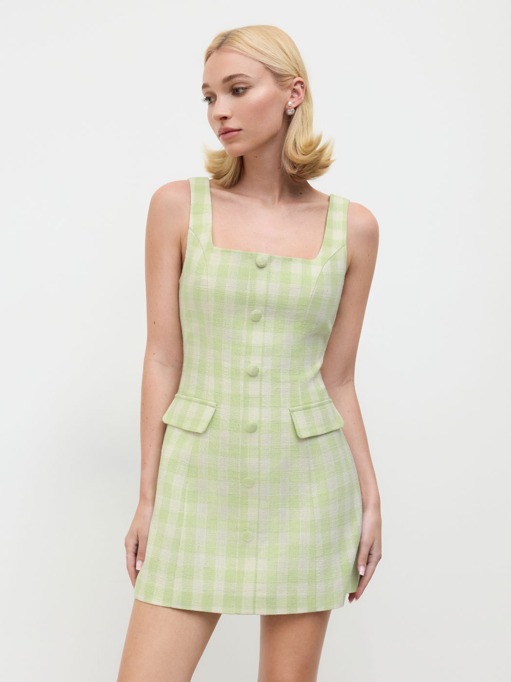 Tweed Square Neck Check Mini Dress