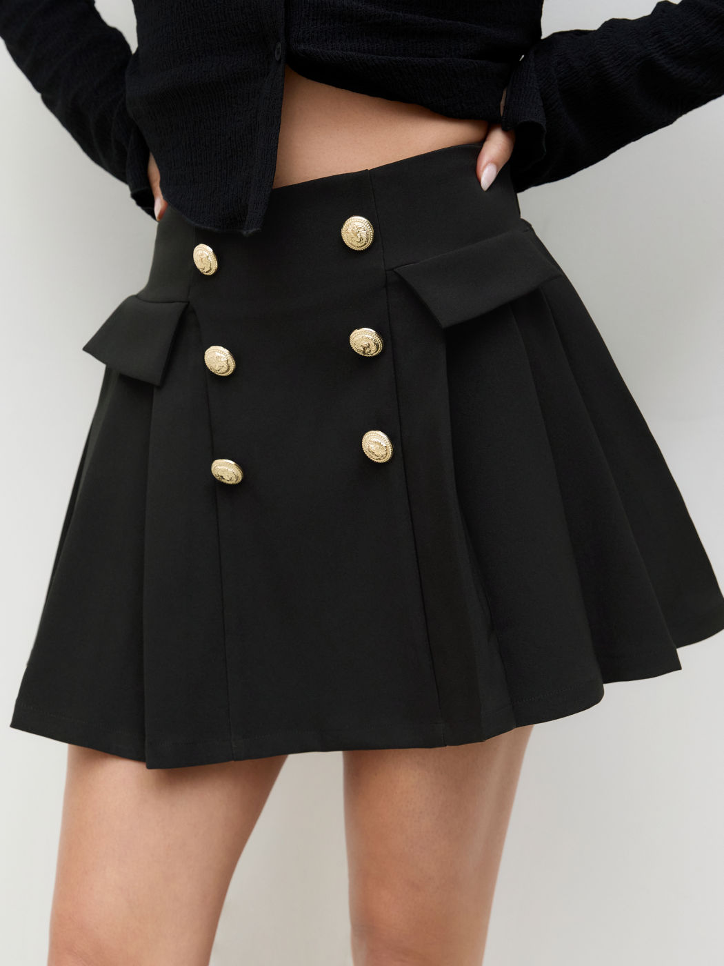 Mid Rise Double Breasted Pleated Mini Skirt