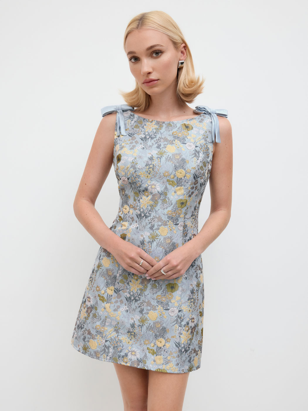 Jacquard Boat Neck Floral Bowknot Mini Dress