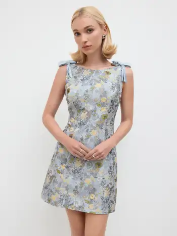 Boat Neck Floral Embroidery Bowknot Mini Dress