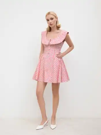 Baumwoll-U-Hals Gingham Rüschen Mini-Kleid