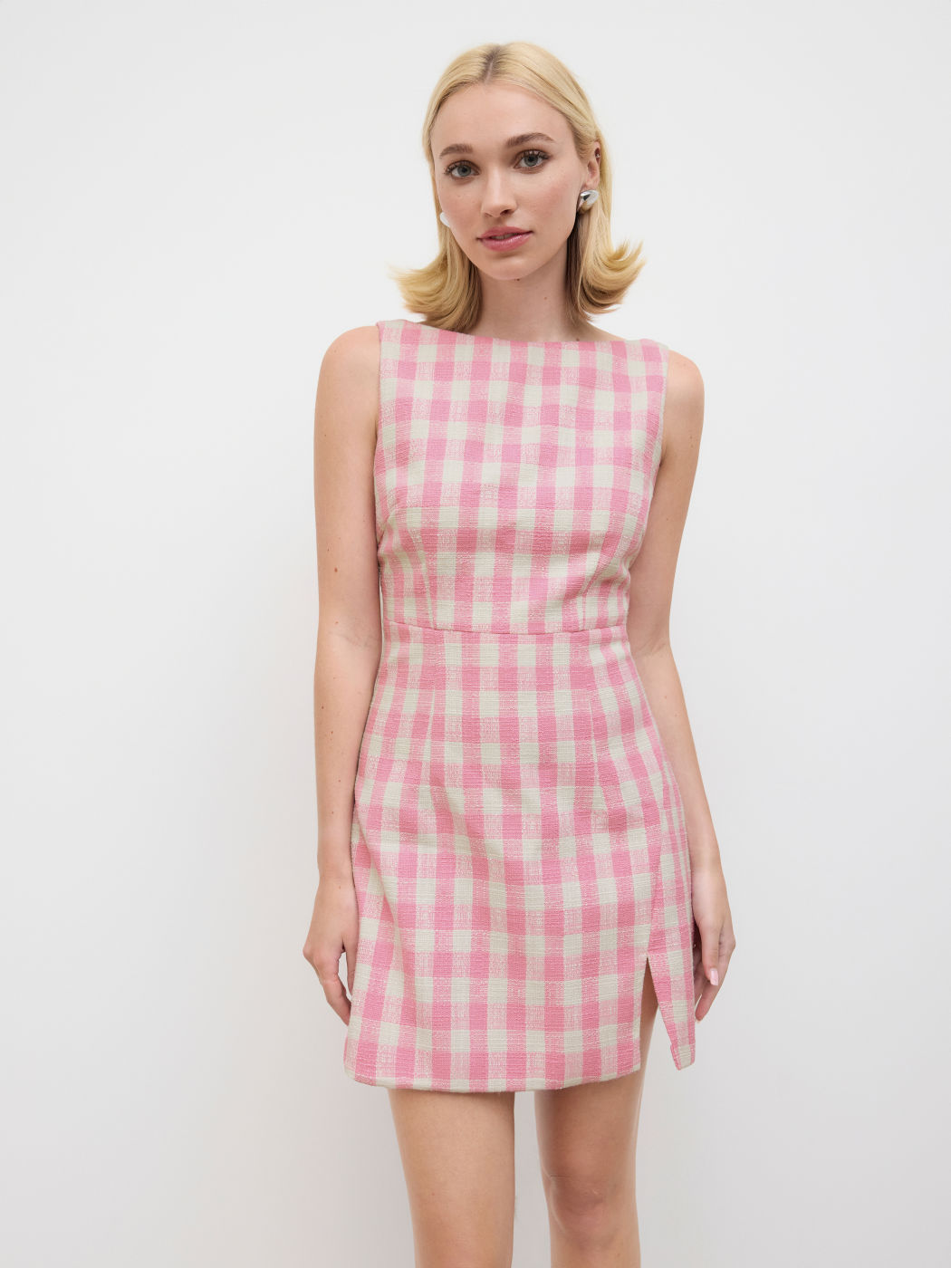 Boat Neck Check Split Mini Dress