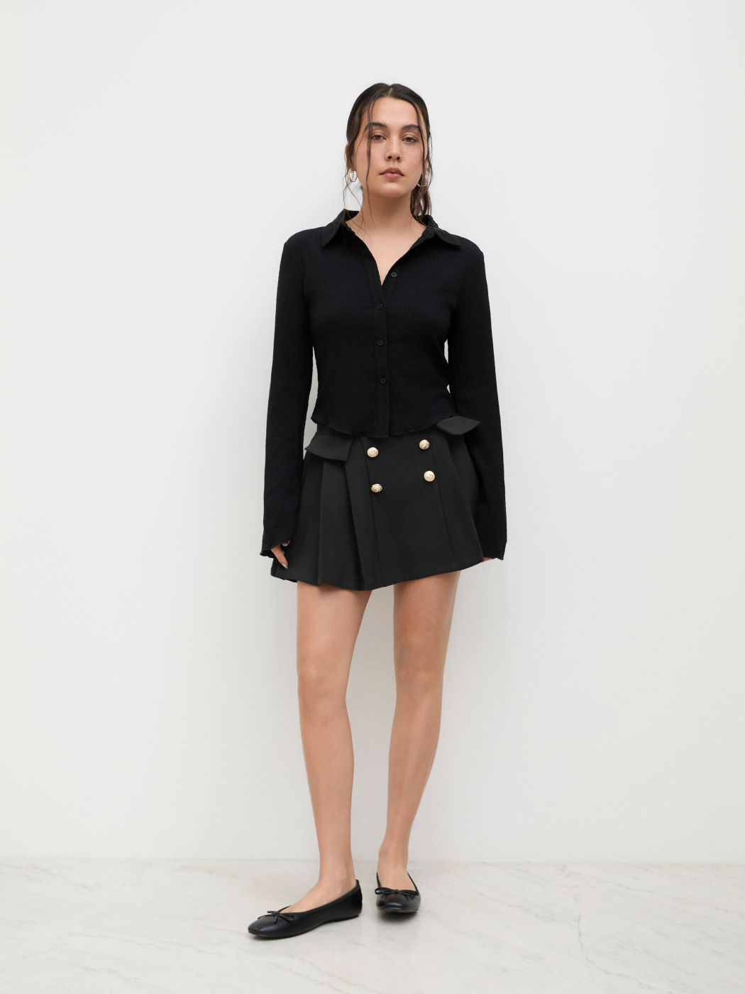 Mid Rise Double Breasted Pleated Mini Skirt