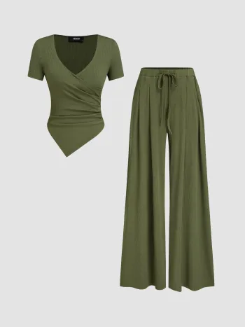 V-Ausschnitt Rippiges Oberteil & Mittelhohe elastische Taille Knotige Gerade Beine Hosen