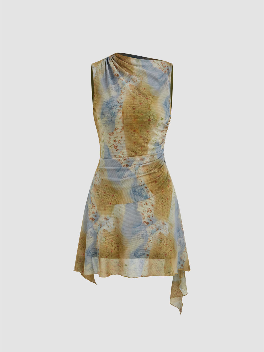 Mesh Asymmetrical Neck Tie Dye Floral Ruched Mini Dress