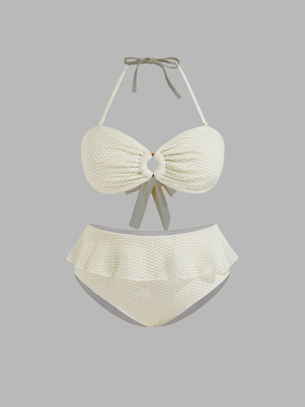 Set bikini copertura totale con scollo all'americana, anello a O, fiocco, orlo arricciato, taglie comode e curve