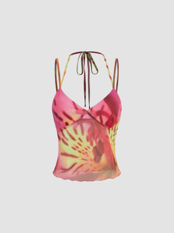 Halter Neckline Graphic Knotted Cami Top