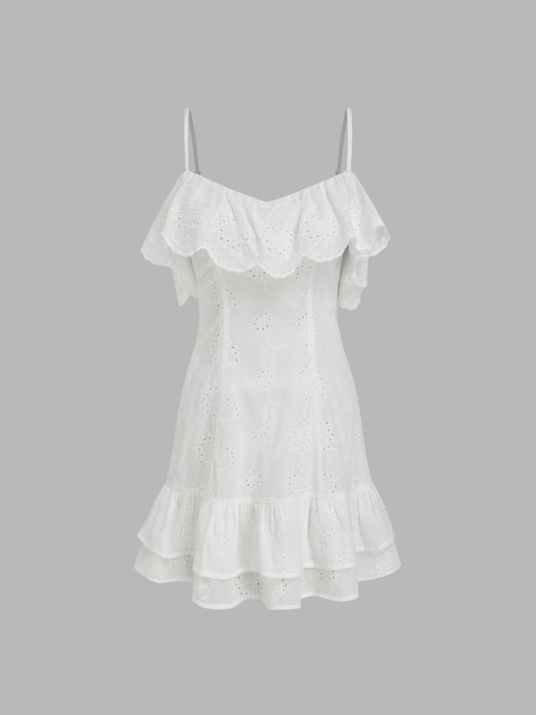 Englische Stickerei U-Halsrand Wellenrand geschichtete Mini-Kleid