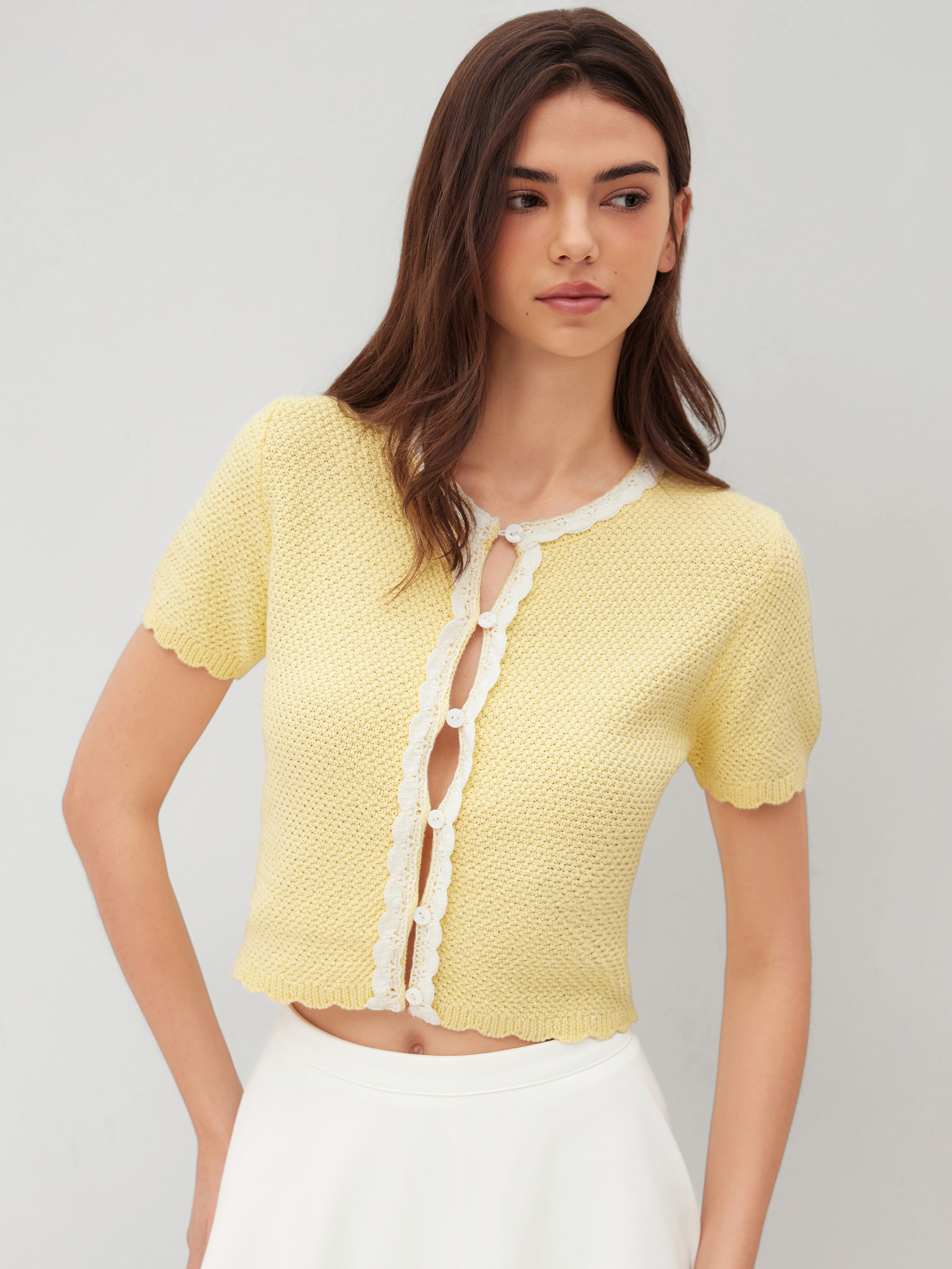 トップス CUTTING LAYERED TOPS Knit Fabric Knit Lettuce Trim Cut Out Short Sleeve Top For