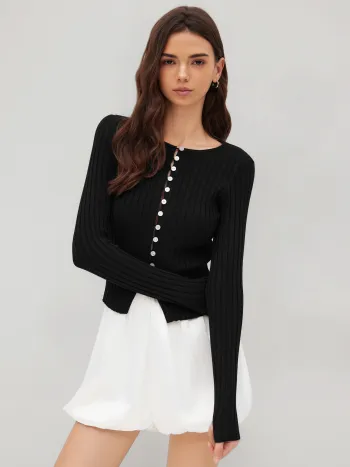 Wool-blend Round Neckline Split Cardigan