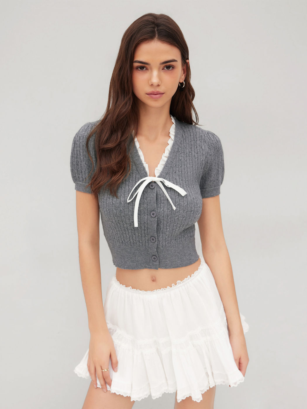 Cable Knit V-neck Bowknot Lettuce Trim Crop Top