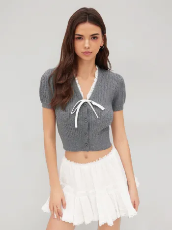 Cable Knit V-neck Bowknot Lettuce Trim Crop Top