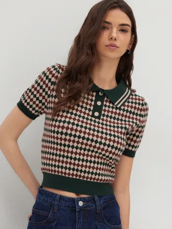 Knit Polo Argyle Short Sleeve Top