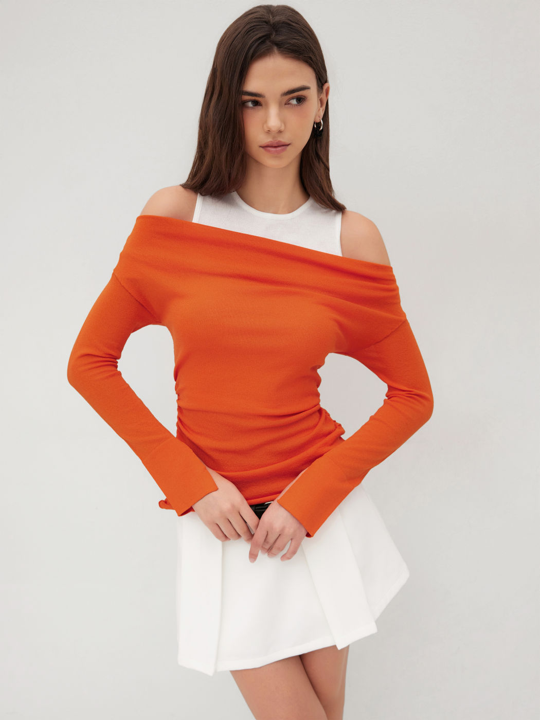 Knit Off-shoulder Ruched Top & Solid Tank Top 