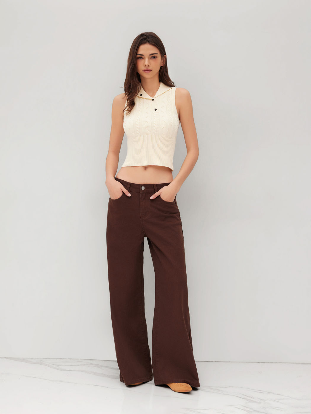 Cable Knit Polo Asymmetrical Button Tank Top