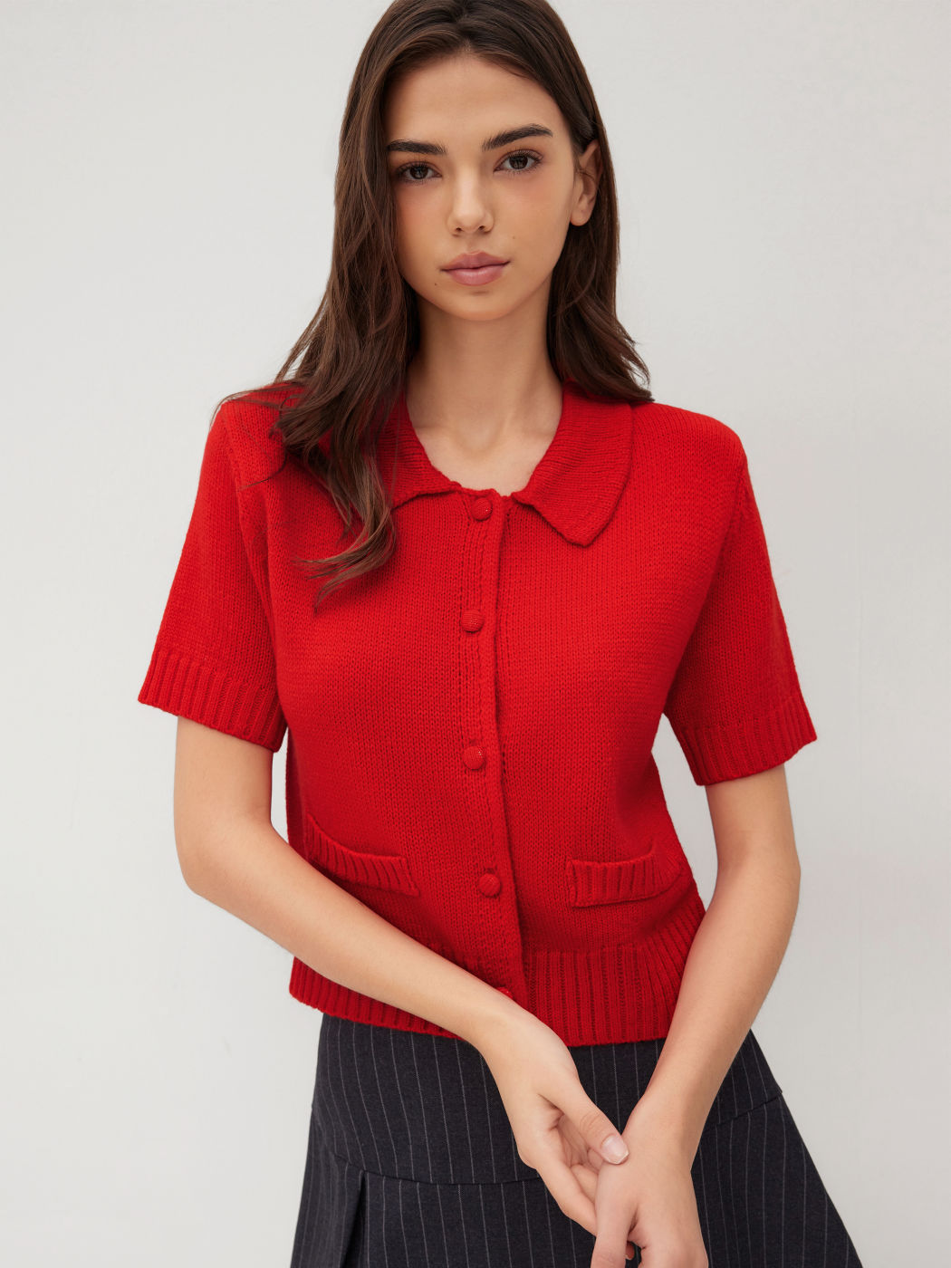 Knit Collar Button Up Short Sleeve Top