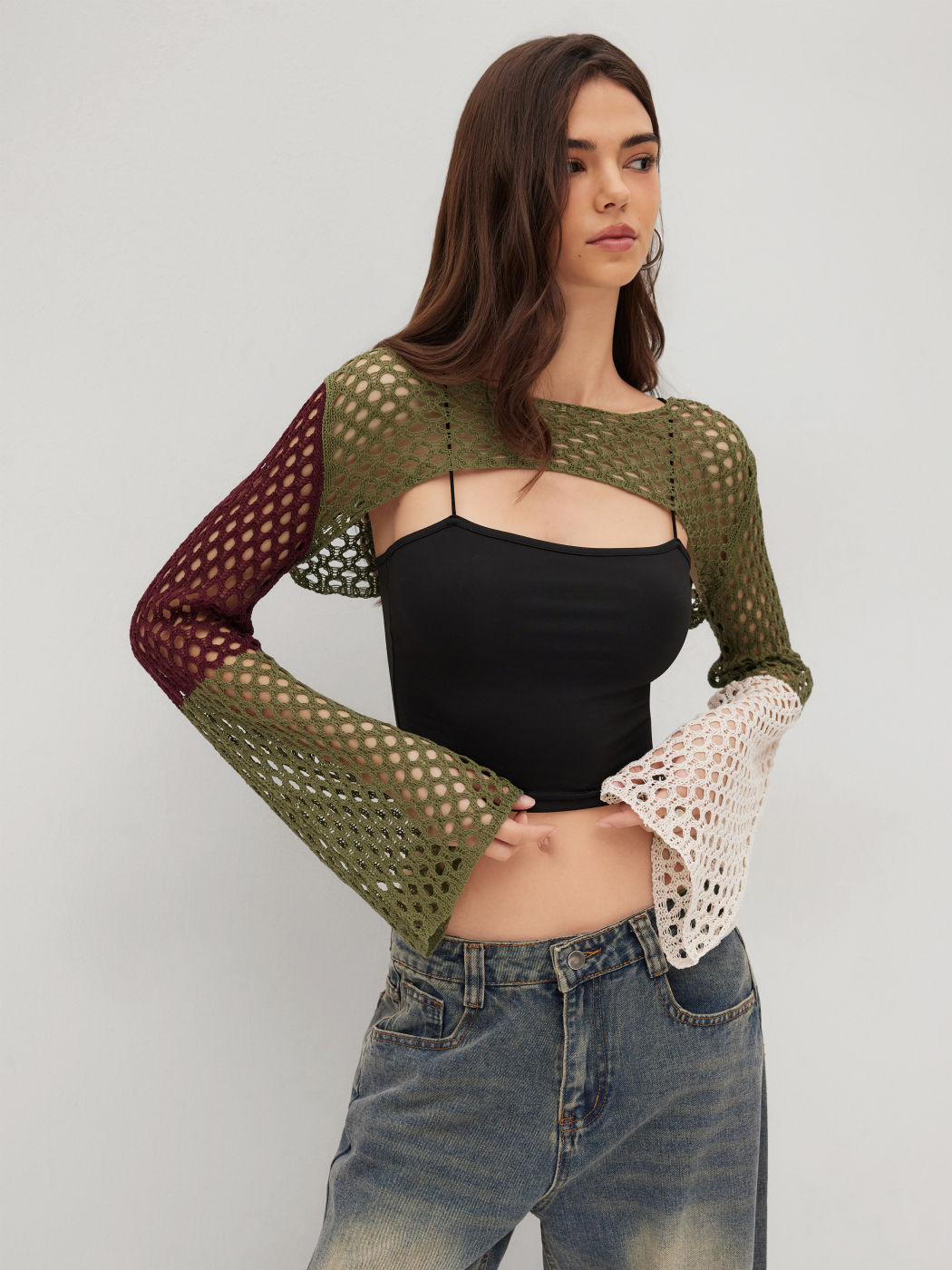 Knit Hollow Out Colorblock Crop Shrug