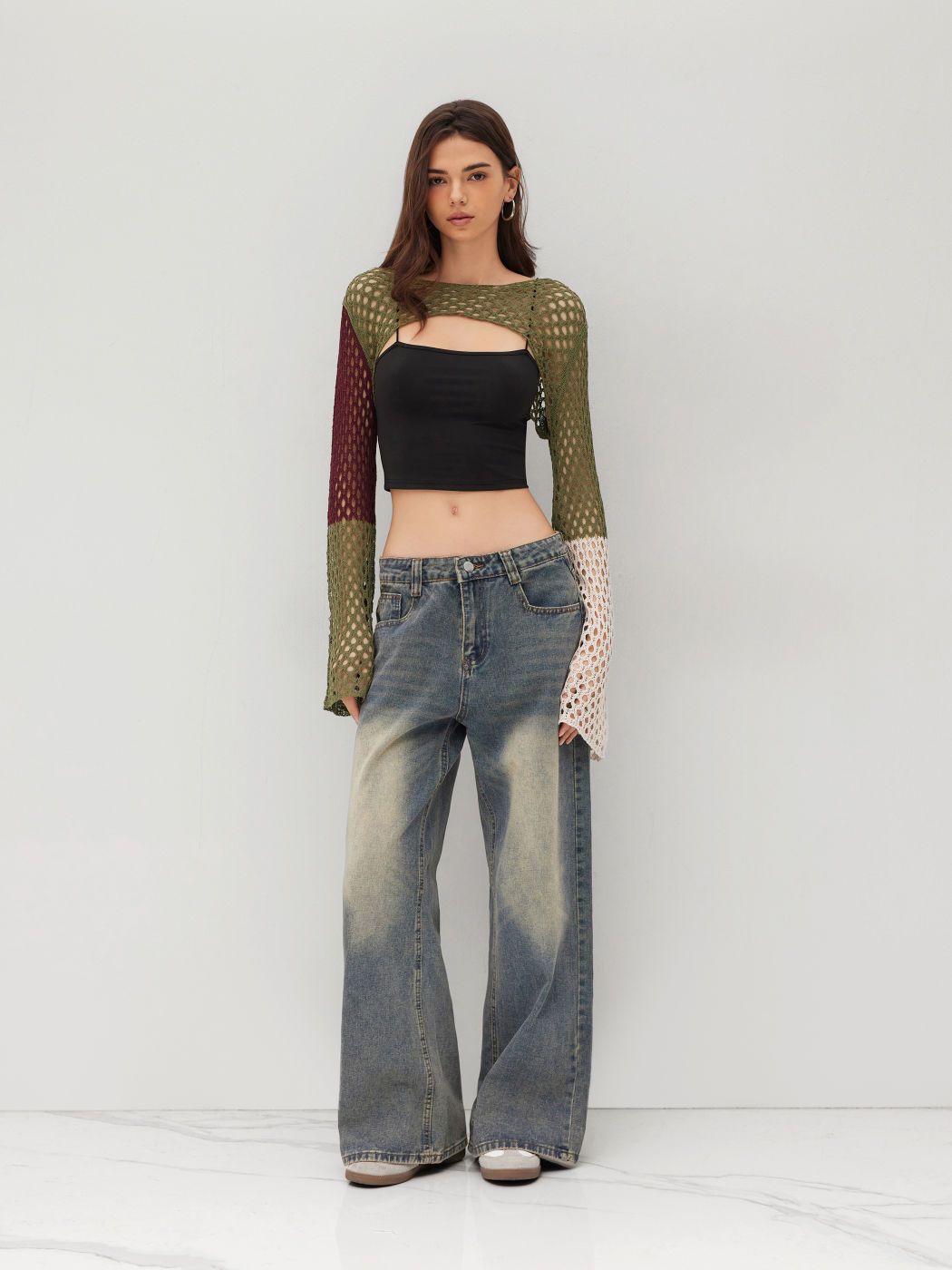 Knit Hollow Out Colorblock Crop Shrug