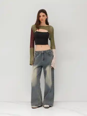 Knit Hollow Out Colorblock Crop Shrug