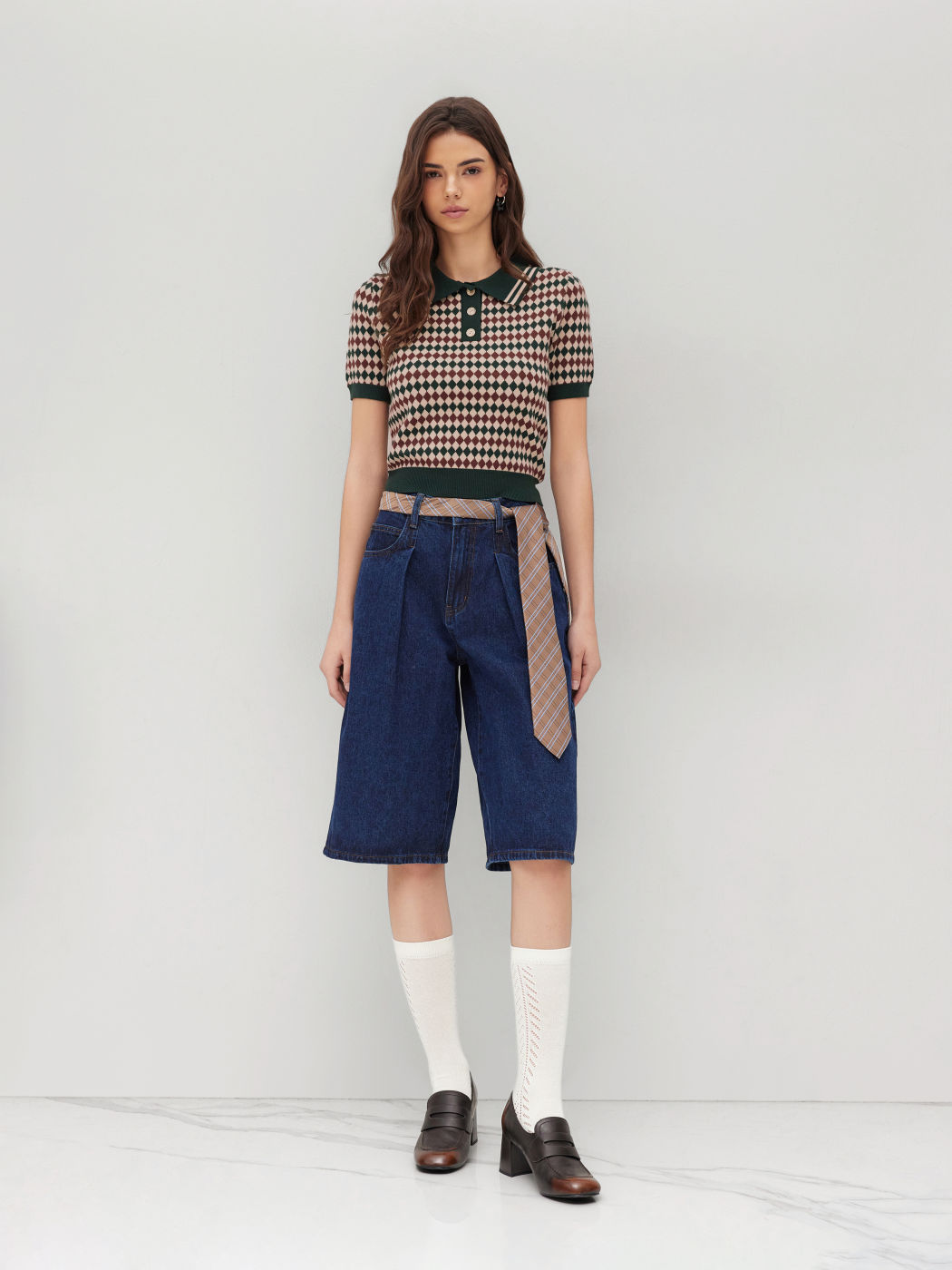 Knit Polo Argyle Short Sleeve Top