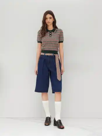 Knit Polo Argyle Short Sleeve Top