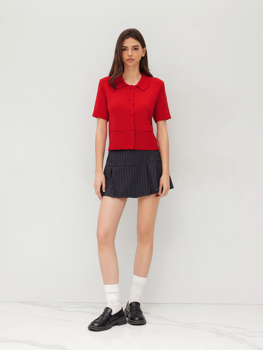 Knit Collar Button Up Short Sleeve Top