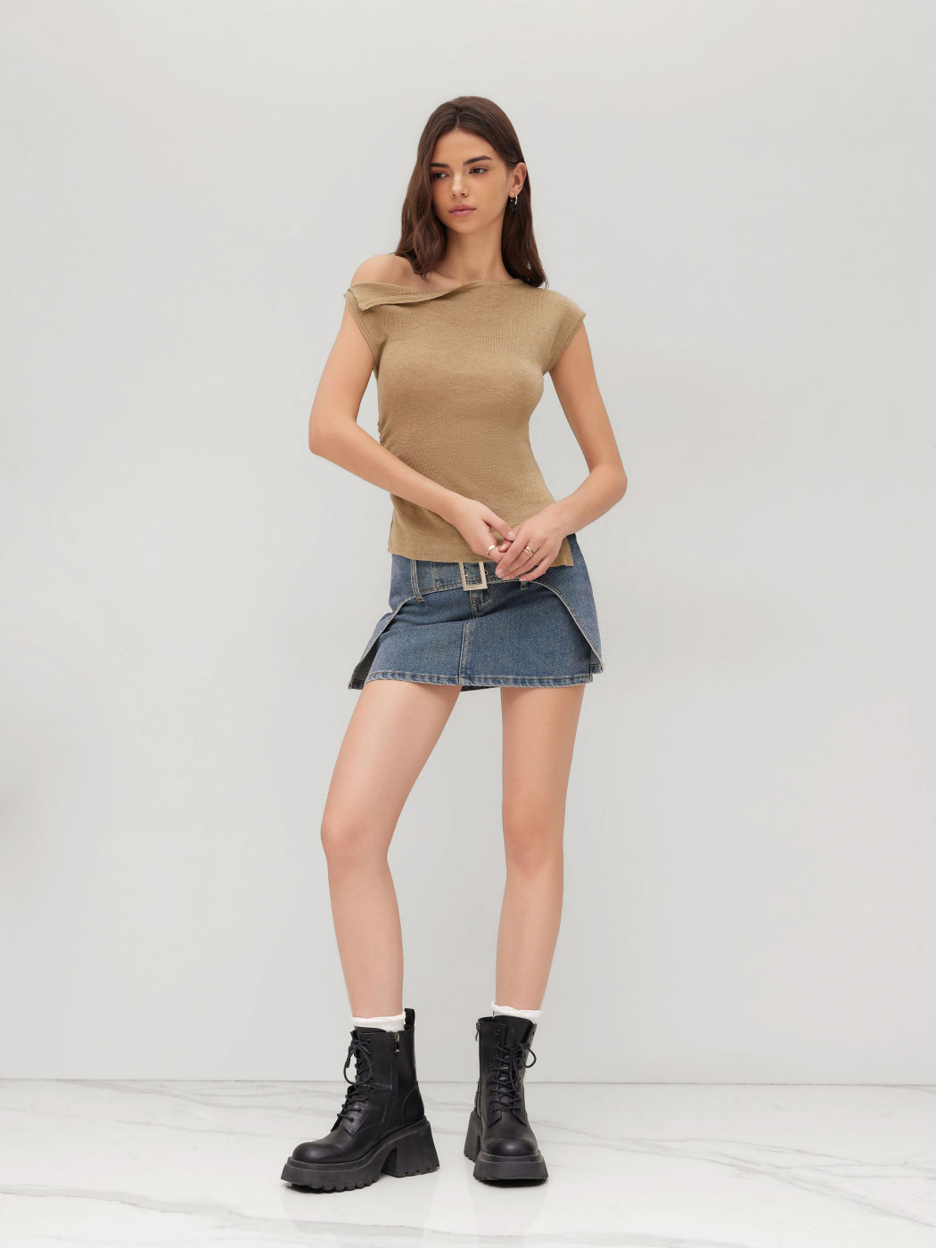 Wool-blend Asymmetrical Neck Ruched Knitted Top