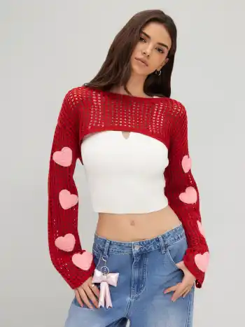 Knit Boat Neck Heart Hollow Out Oversized Cropped Shrug