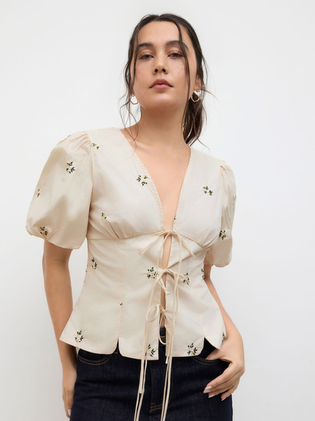 V-neck Floral Embroidery Tie Front Bow Short Sleeve Blouse