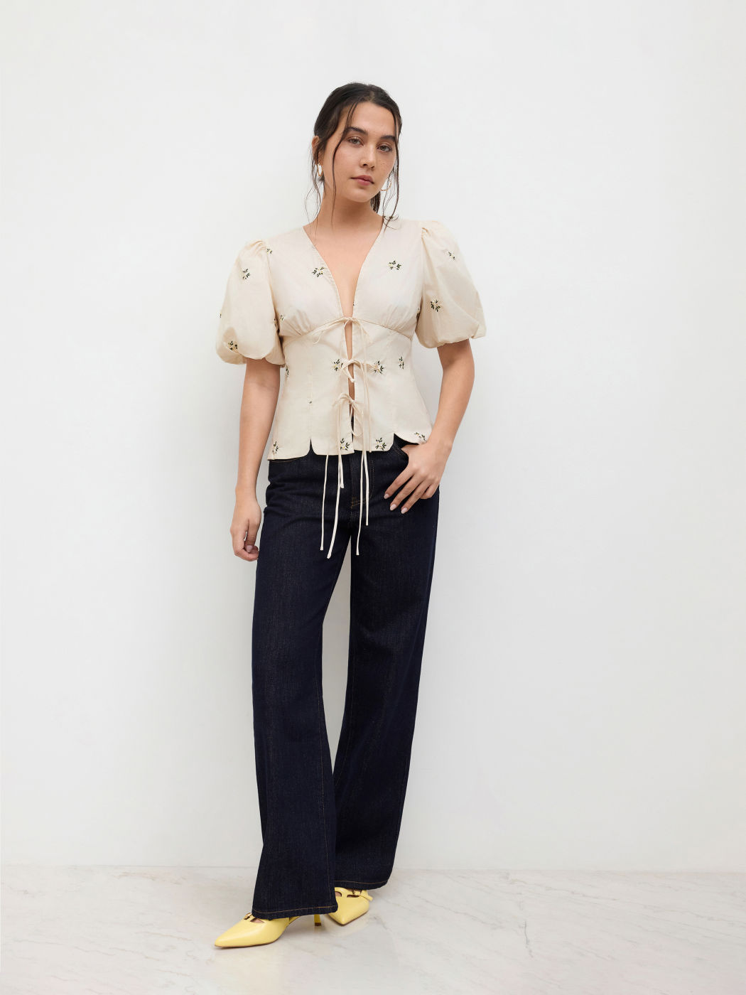 V-neck Floral Embroidery Tie Front Bow Short Sleeve Blouse