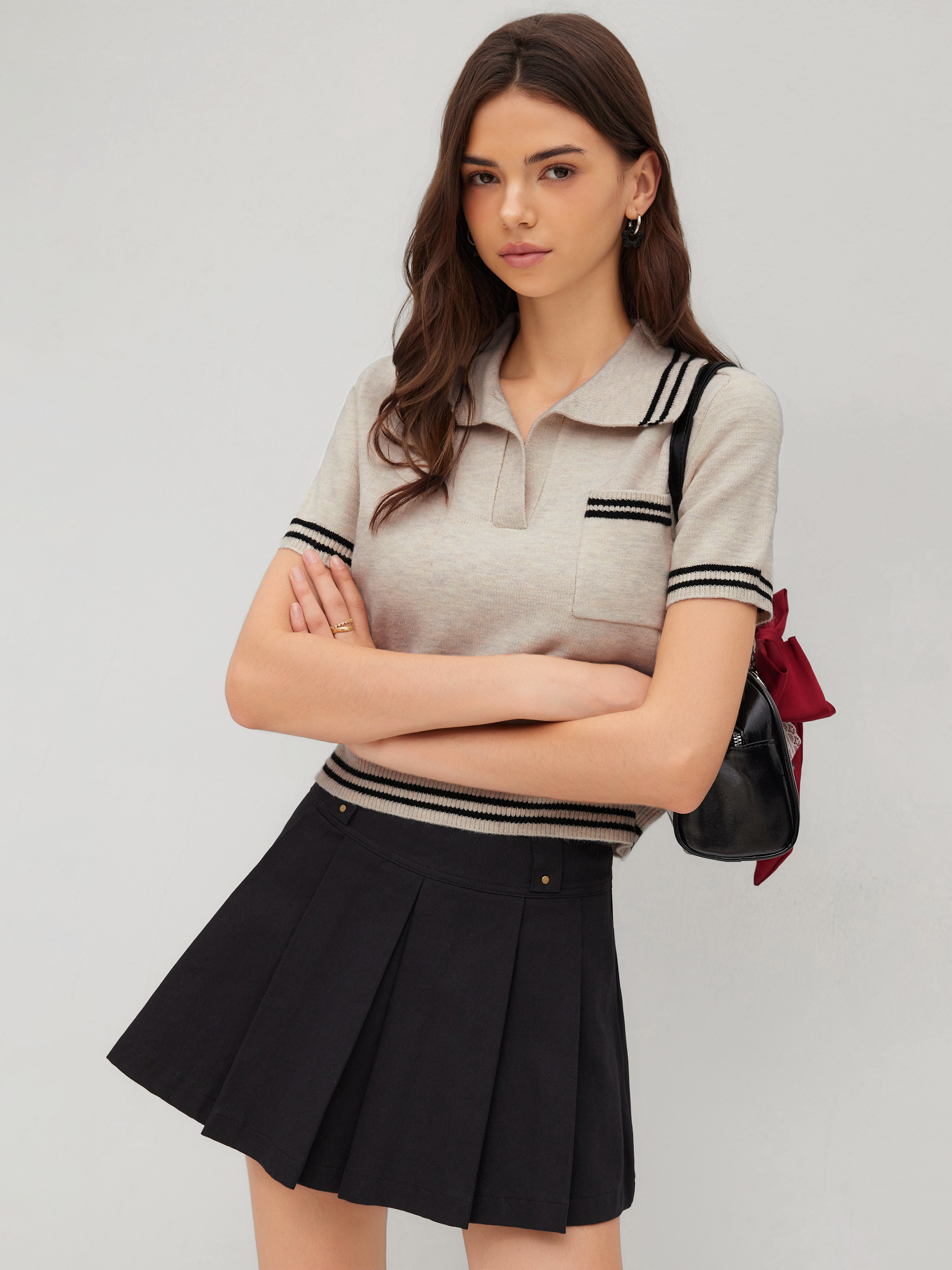 Knit Fabric Knit Collar Stripe Short Sleeve Top For School Daily Casual