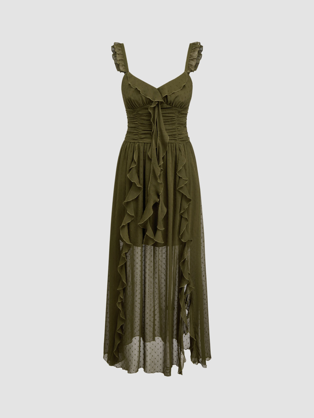 Chiffon V-Hals Rüschen Maxikleid