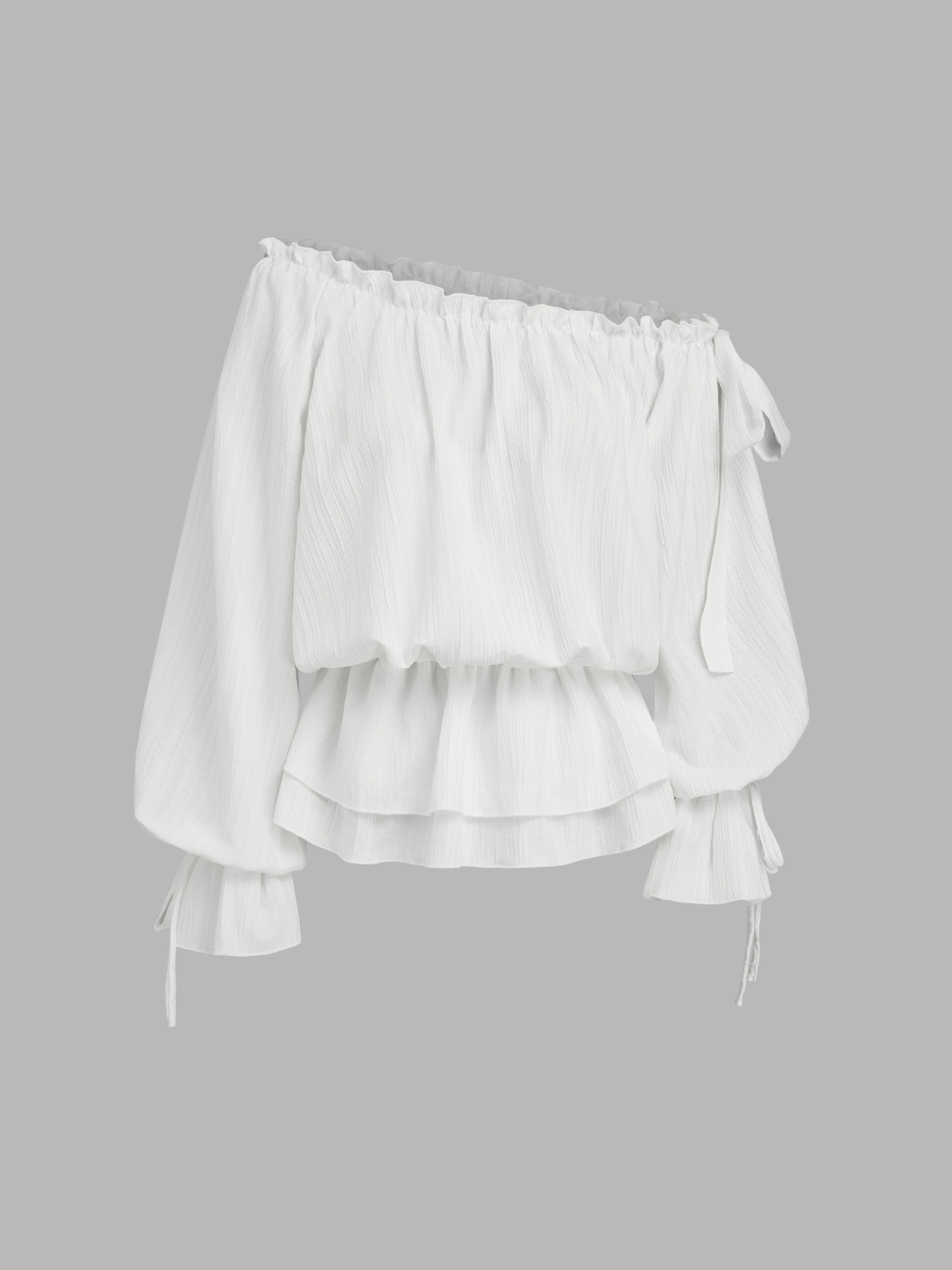 Woven Asymmetrical Neck Lantern Sleeve Knotted Blouse For School