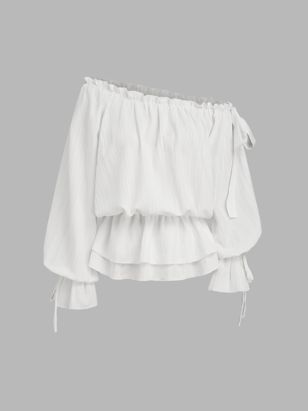 Asymmetrical Neck Lantern Sleeve Knotted Blouse