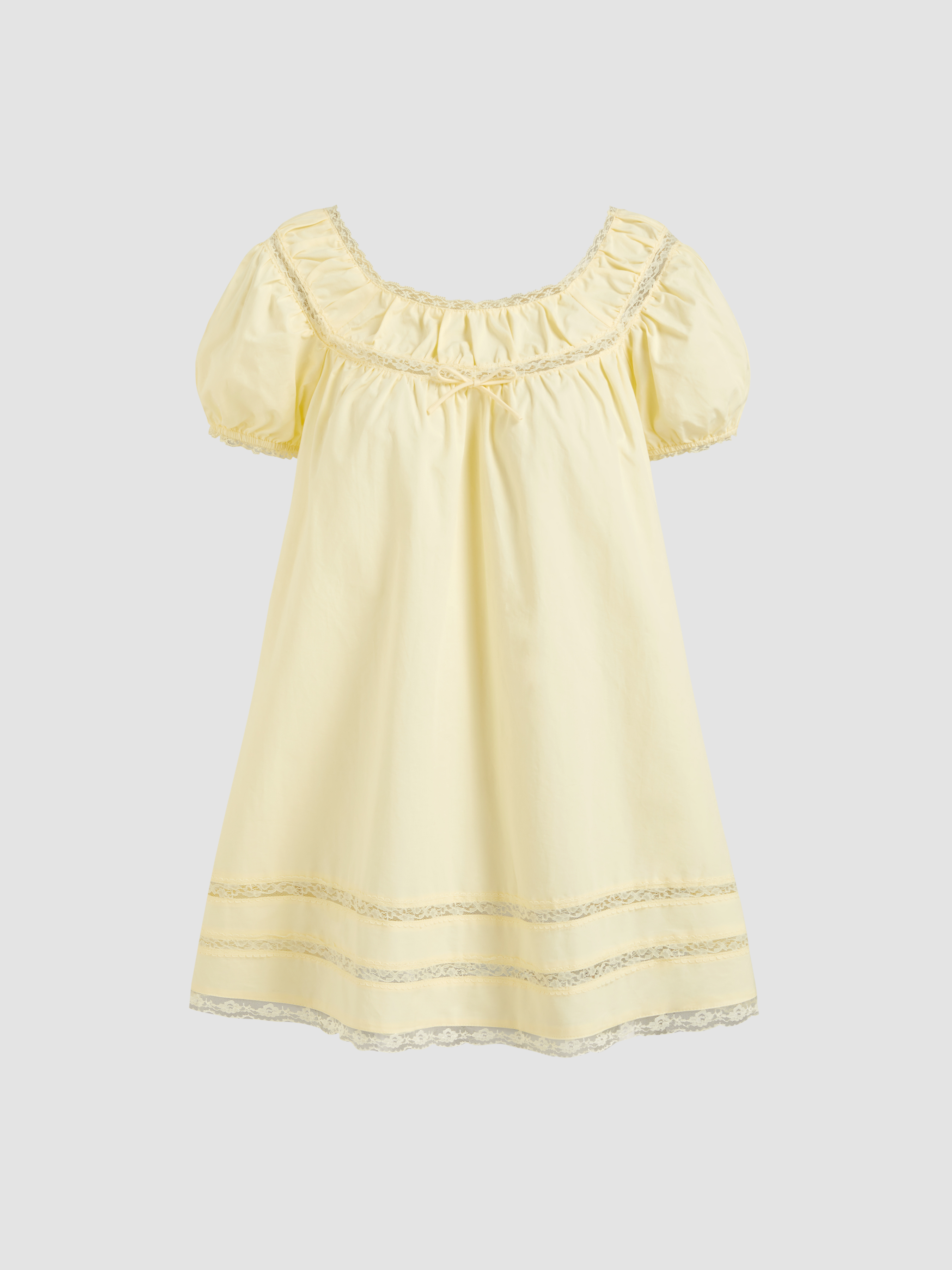 Tissé 100% Cotton Lace Trim Bowknot Puff Sleeve Mini Babydoll Dress For École
