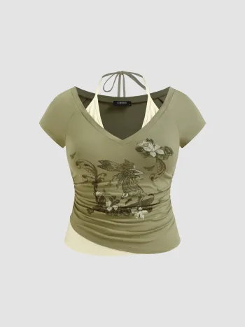 Cotton-blend V-neck Graphic Two Tone Ruched Top Curve & Plus