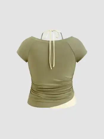 Cotton-blend V-neck Graphic Two Tone Ruched Top Curve & Plus
