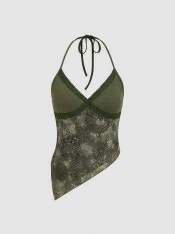 Mesh-Halter-Bodysuit mit floralem Muster, asymmetrischem Saum und Spitzenrand