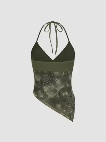 Mesh-Halter-Bodysuit mit floralem Muster, asymmetrischem Saum und Spitzenrand