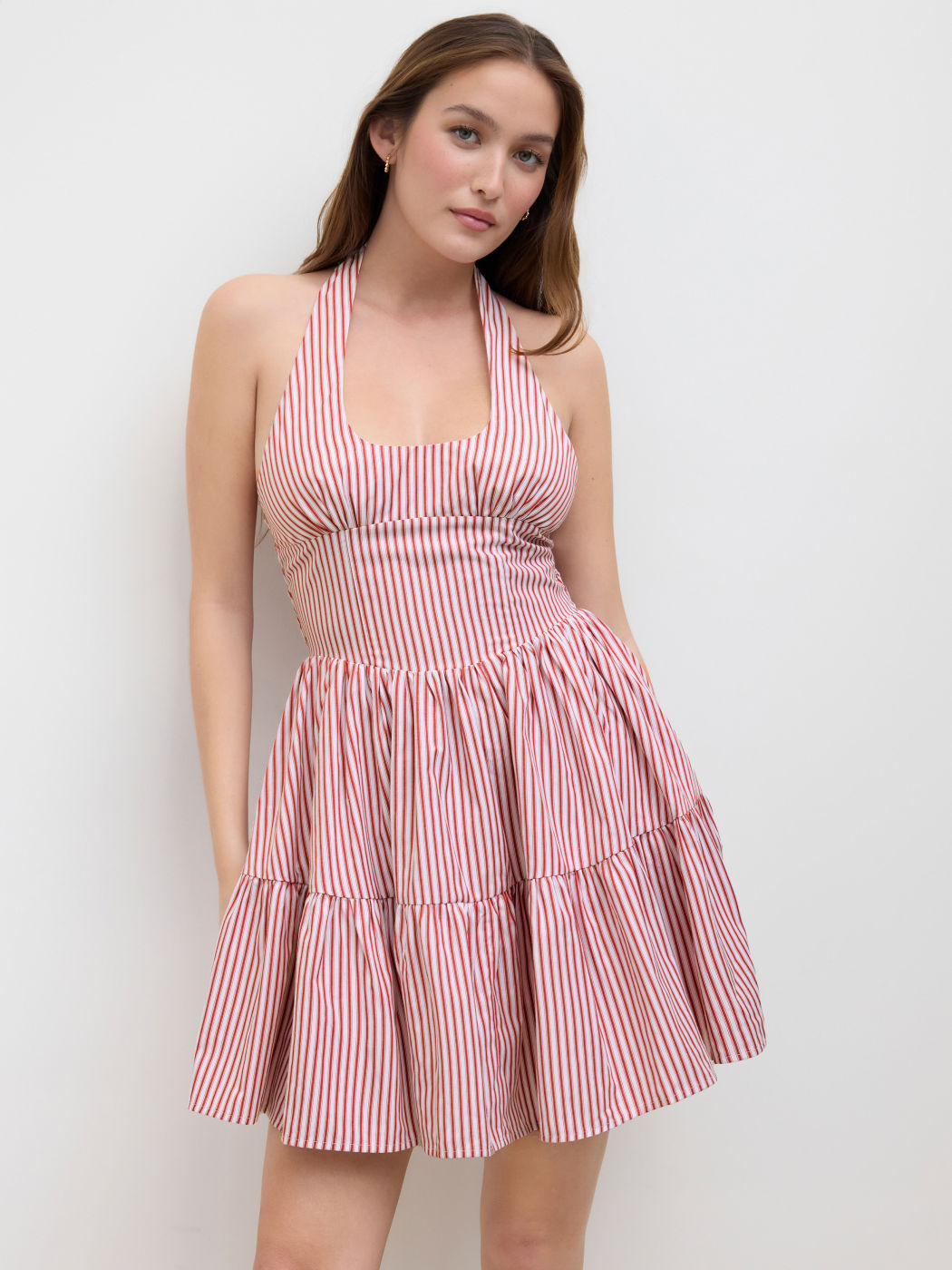 Baumwollmischung Halter-Halslinie Streifen Shirred Ruffle Mini-Kleid