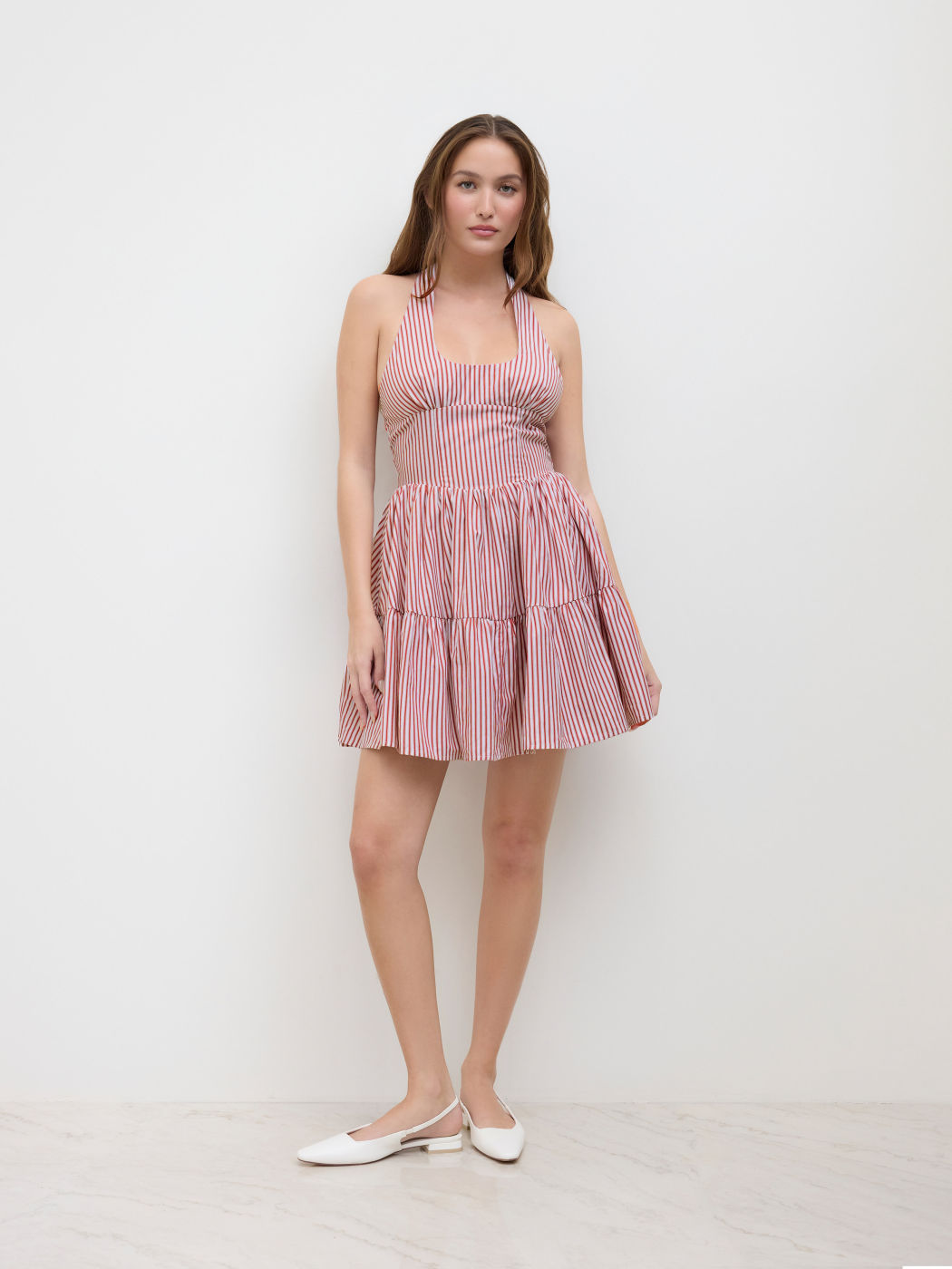 Baumwollmischung Halter-Halslinie Streifen Shirred Ruffle Mini-Kleid