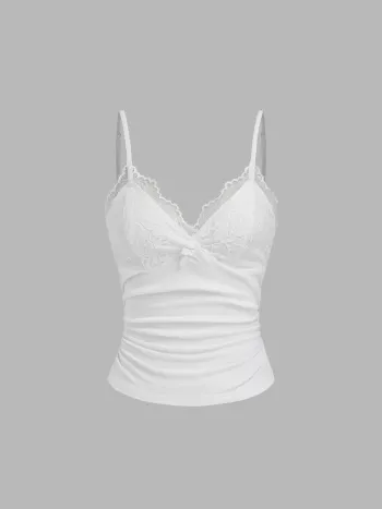 V-Ausschnitt Solid Spitzen-Rusche-Cami-Oberteil