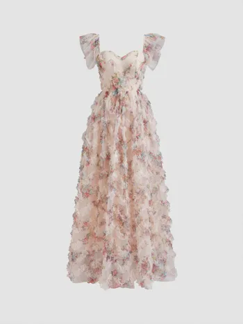 Mesh Square Neck Floral Lettuce Trim Lace Up Maxi Dress