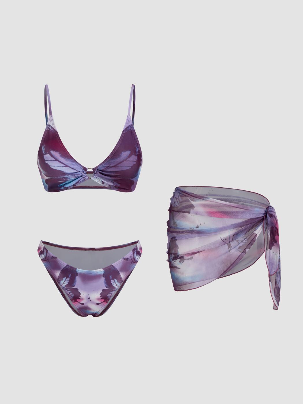 V-neck Butterfly O-Ring Bracelet Bikini Set With Sarong