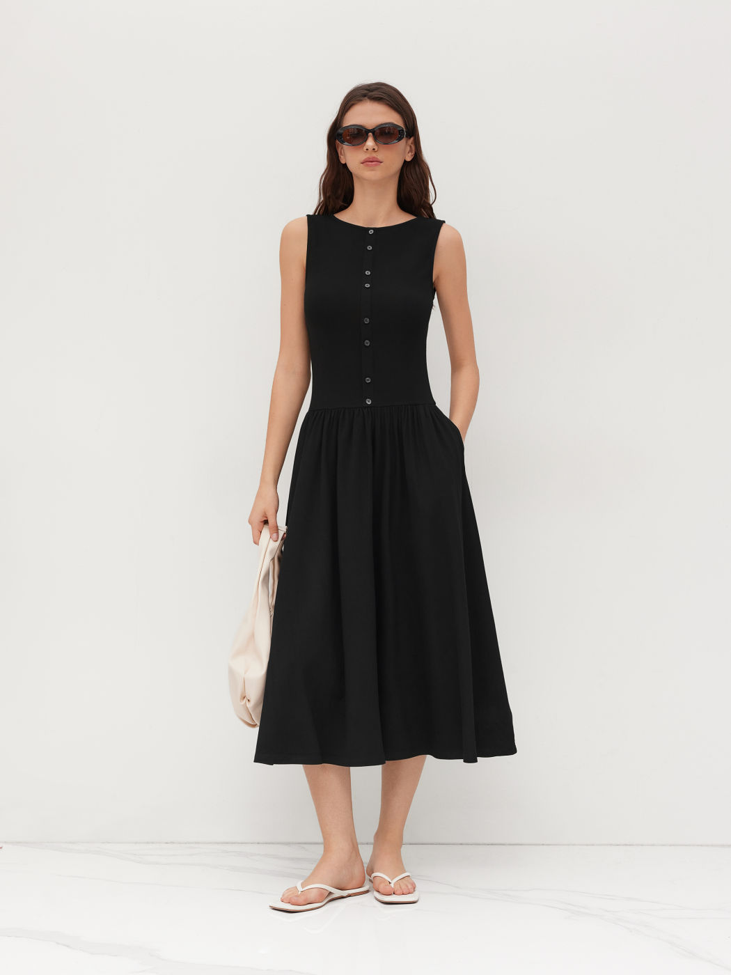 Boat Neck Button Up Ruffle Midi Dress